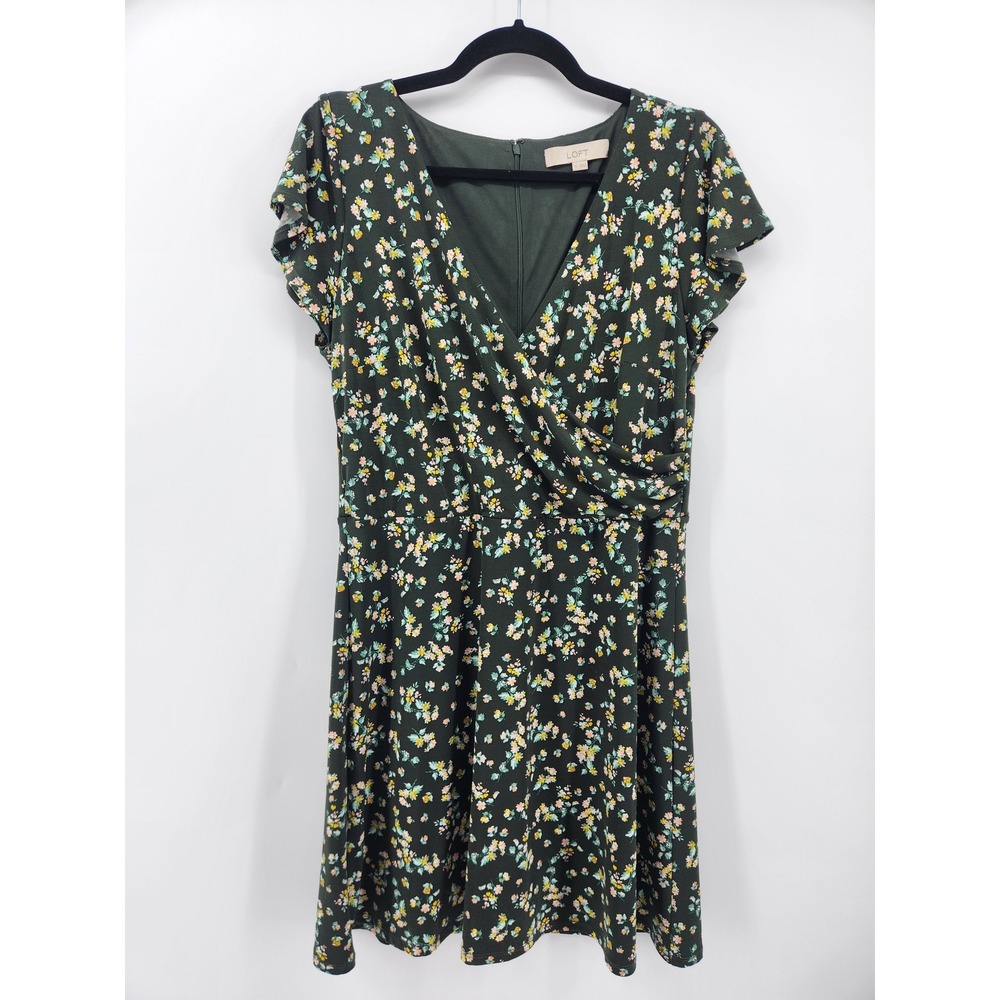 LOFT Women's Dress Size 10 Green‎ Floral Print Short Sleeve Faux Wrap